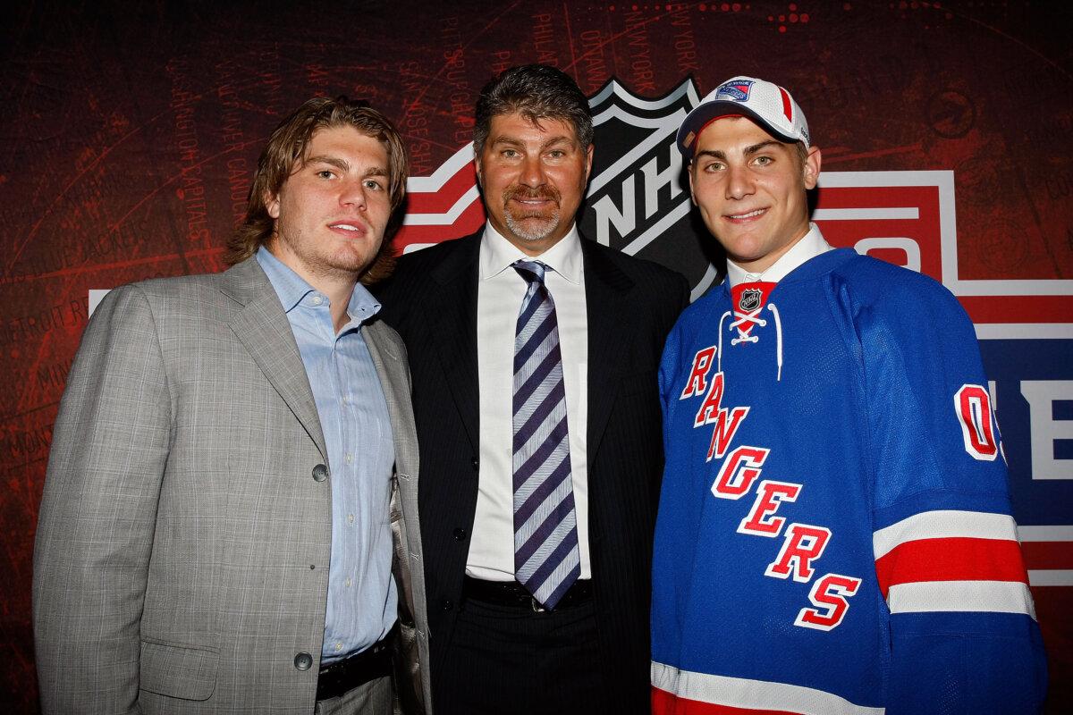 Ray Bourque (C) poses with his sons Chris and Ryan Bourque (R) after Ryan was drafted by the New York Rangers during the 2009 NHL Entry Draft at the Bell Centre in Montreal, Quebec, Canada, on June 27, 2009. (Richard Wolowicz/Getty Images)