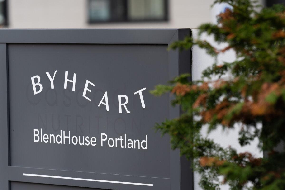 A sign for ByHeart, a manufacturer of organic baby formula, is displayed outside a building that houses a plant for the company, in Portland, Ore., on Nov. 11, 2025. (Jenny Kane/AP Photo)
