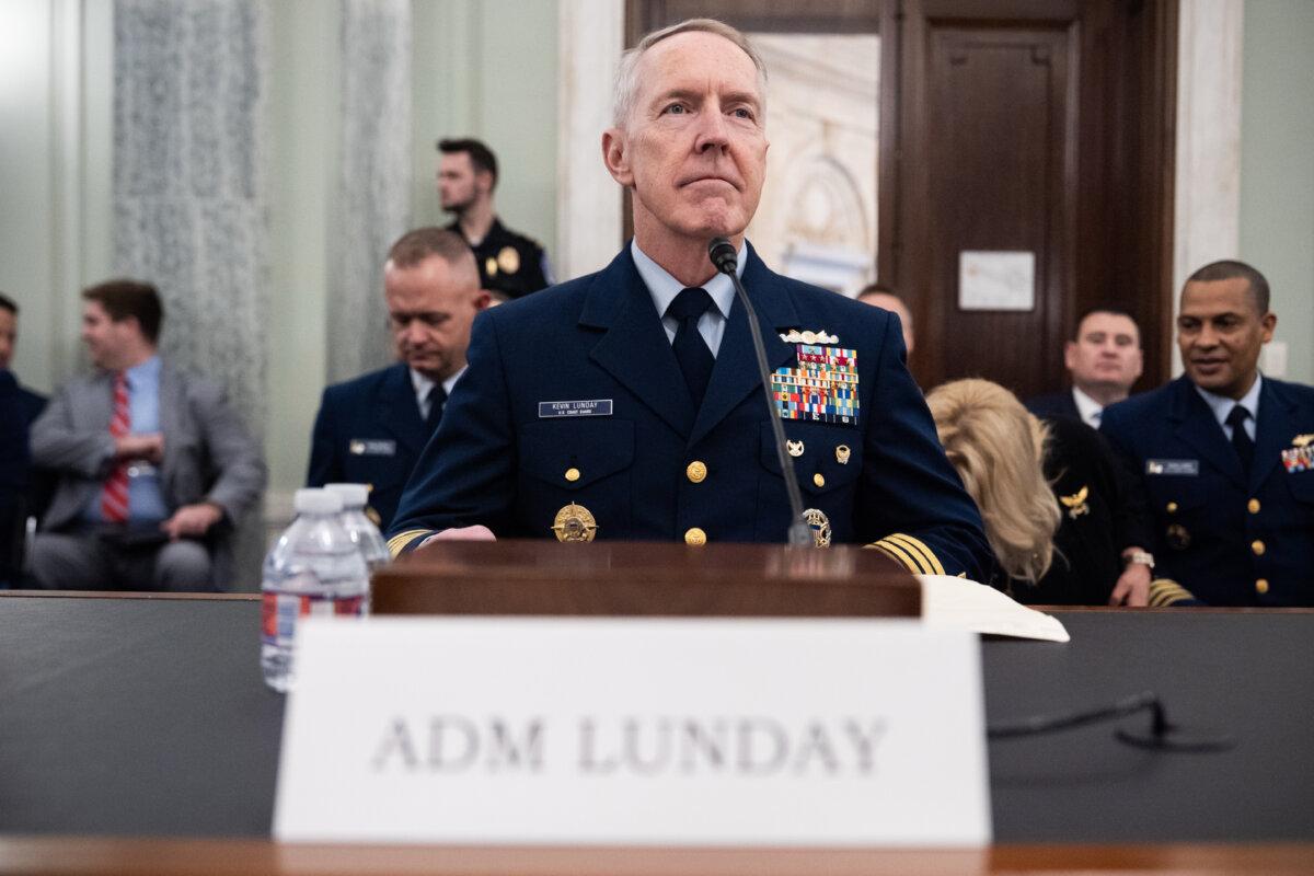 Adm. Kevin Lunday, acting commandant of the U.S. Coast Guard, arrives at a Senate Commerce, Science, and Transportation Committee hearing on his nomination for commandant of the Coast Guard, on Capitol Hill in Washington on Nov. 19, 2025. (Julia Demaree Nikhinson/AP Photo)