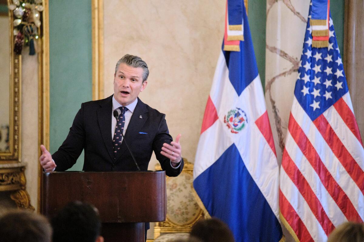 U.S. Secretary of Defense Pete Hegseth speaks during a press conference after a meeting with Dominican Republic President Luis Abinader at the National Palace in Santo Domingo, Dominican Republic, on Nov. 26, 2025. (Ricardo Hernadez/AP Photo)