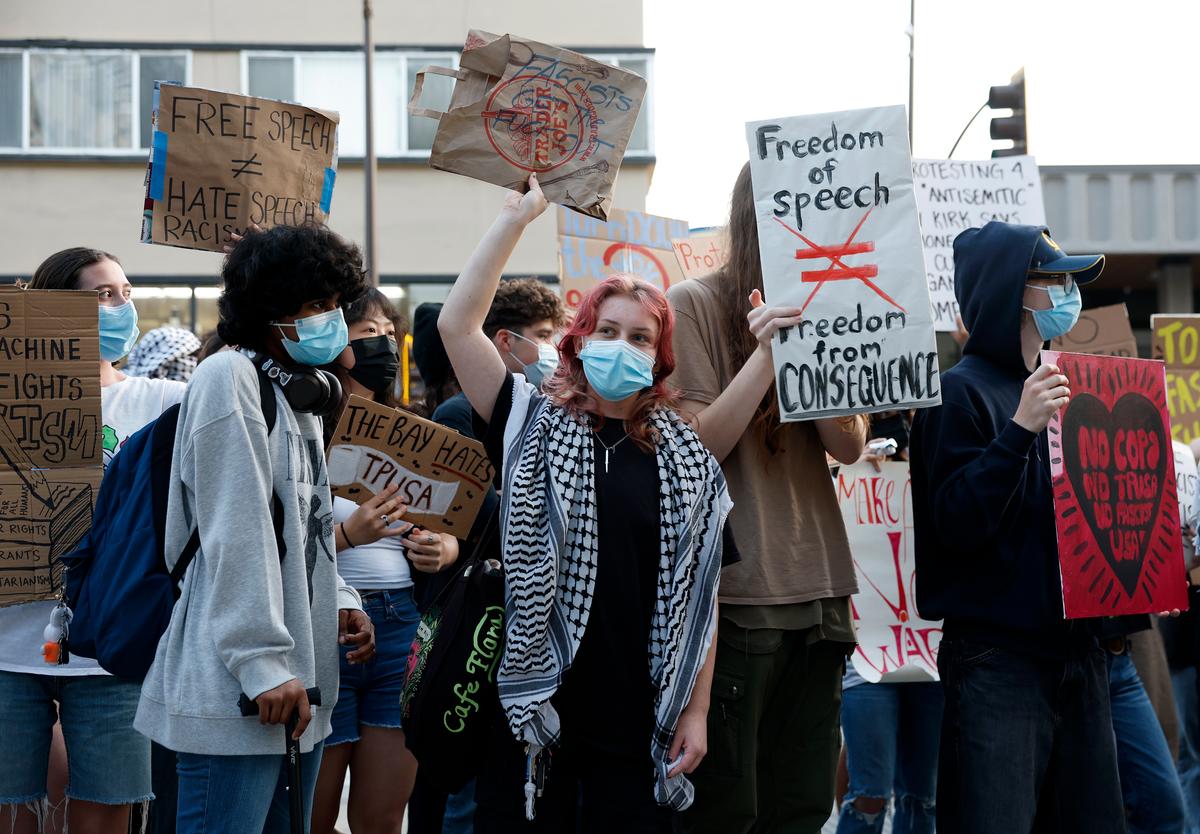 Protesters demonstrate outside a Turning Point USA event at the University of California, Berkeley, on Nov. 10, 2025, two months after Turning Point USA founder Charlie Kirk was fatally shot. (Justin Sullivan/Getty Images)