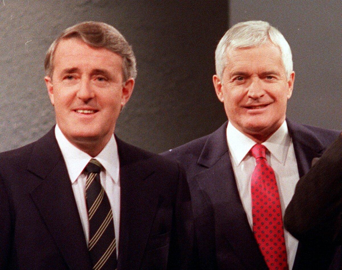 Prime Minister Brian Mulroney and Liberal Leader John Turner before the start of the French-language debate between the federal leaders in Ottawa on Oct. 24, 1988. (CP Photo/Fred Chartrand)