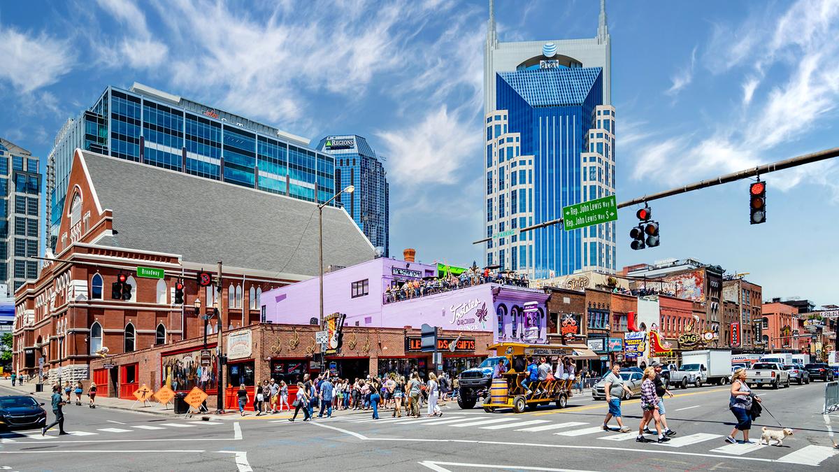 The corner of Rep. John Lewis Way and Broadway is part of Nashville's Lower Broadway, a popular entertainment and business district. (Sky Noir Photography by Bill Dickinson/Getty Images)