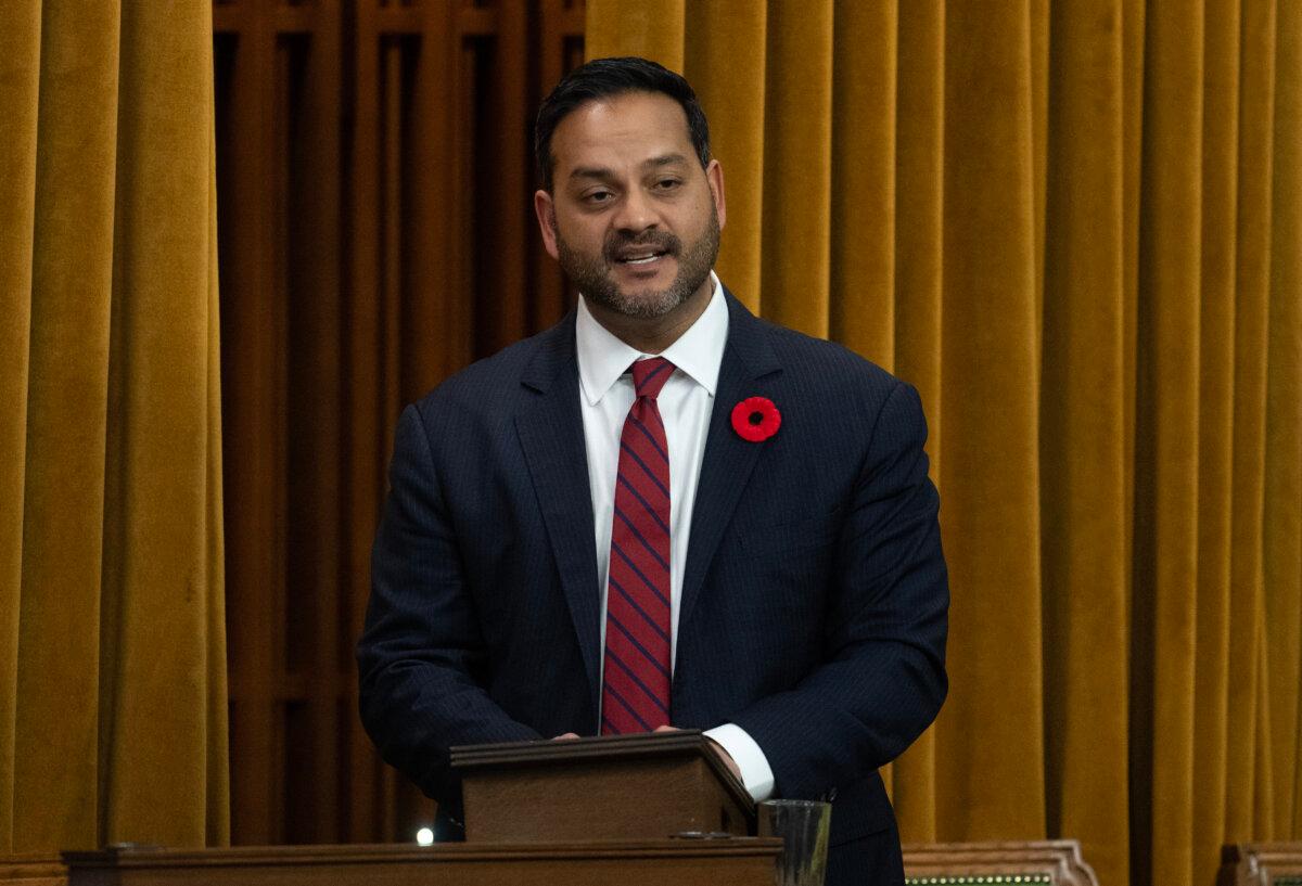 Conservative MP Shuvaloy Majumdar rises during question period in the House of Commons in Toronto on Nov. 3, 2023. (The Canadian Press/Adrian Wyld)