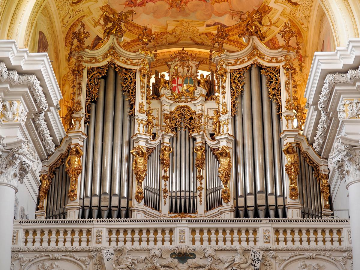 A Bruckner organ, named after Joseph Anton Bruckner (1824–1896), an Austrian organist known for composing religious music, is the larger of the two organs at St. Florian's abbey church. Some of its 7,343 pipes are visible and surrounded by a plethora of gilded moldings, carvings, and statues.  (Manfred13/Shutterstock)