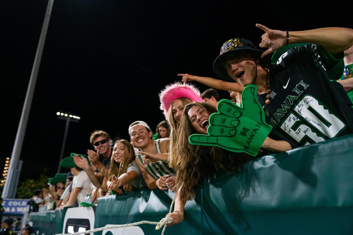 The student section celebrates after the University of Hawaii defeated Sam Houston State University, 37–20, in NCAA Division I football on Sept. 6, 2025. (Solomon Thompson/Shutterstock)