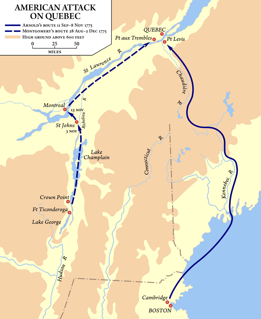 American attack on Quebec: routes of the Arnold and Montgomery expeditions. (Public Domain)