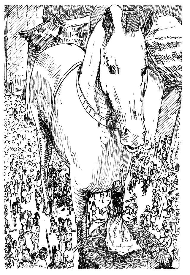 An illustration of the Trojan Horse, 2025, by Aedan Kennedy, for Michael Solot's "Odyssey." (Courtesy of Aedan Kennedy)