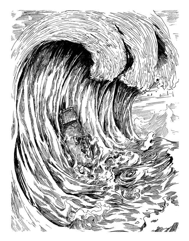 An illustration of Odysseus's ship facing disaster, 2025, by Aedan Kennedy, for Michael Solot's "Odyssey." (Courtesy of Aedan Kennedy)