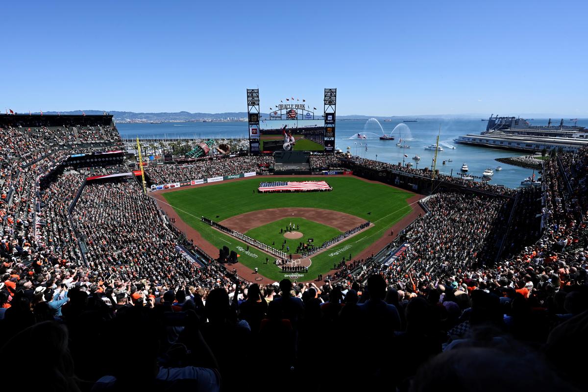 A general view of the ballpark during the National Anthem before the San Francisco Giants play the Seattle Mariners during the home opener at Oracle Park in San Francisco on April 4, 2025. (Eakin Howard/Getty Images)