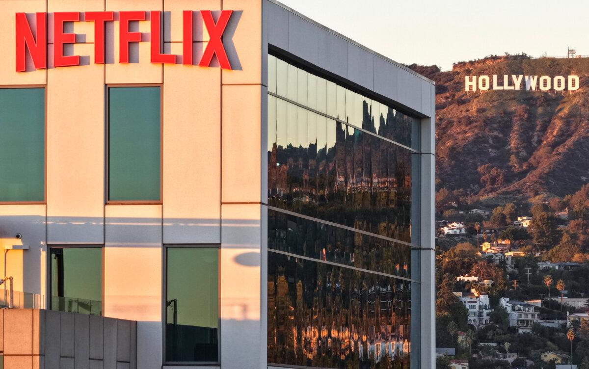 An aerial view of Netflix studios, with the Hollywood sign in the distance, in Los Angeles on Dec. 5, 2025. (Mario Tama/Getty Images)