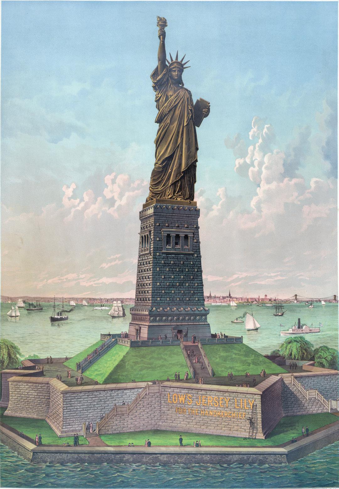 An 1883 print of “Liberty Enlightening the World” displays the plan for Bartholdi’s colossal Statue of Liberty as it would later appear on Oct. 28, 1886 for its dedication ceremony. (Public Domain)