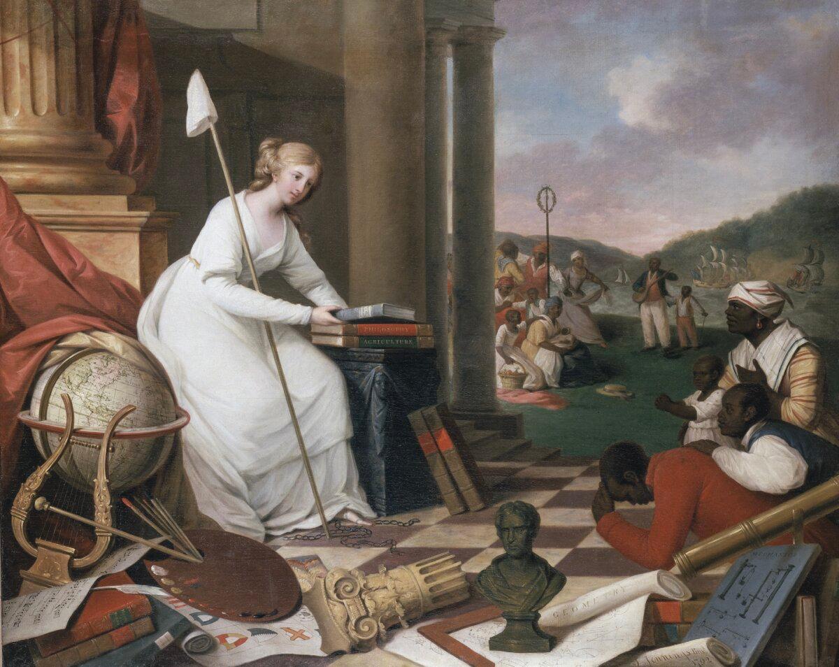 “Liberty Displaying the Arts and Sciences (‘The Genius of America Encouraging the Emancipation of the Blacks’)” by Samuel Jennings, 1792. Oil on canvas. (Library Company of Philadelphia)