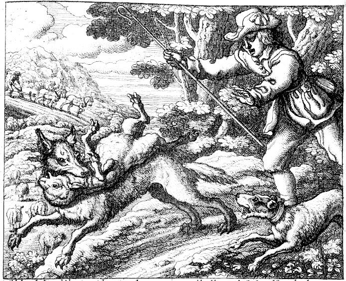 A scene by Francis Barlow from "The Boy Who Cried Wolf," 1687. (Public domain)