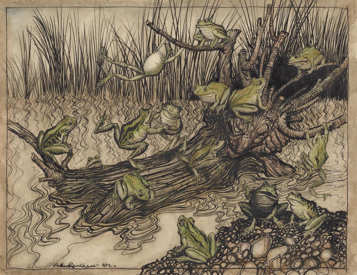 Arthur Rackham's depiction of King Log and the frogs from Aesop's fable, "The Frogs Who Desired a King." (Public domain)