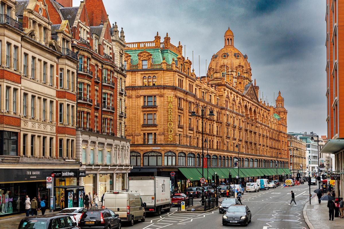 Harrods, located in Knightsbridge, is one of the world’s most famous luxury department stores. It features more than 330 departments and 3,000 brands. (laksena/Shutterstock)