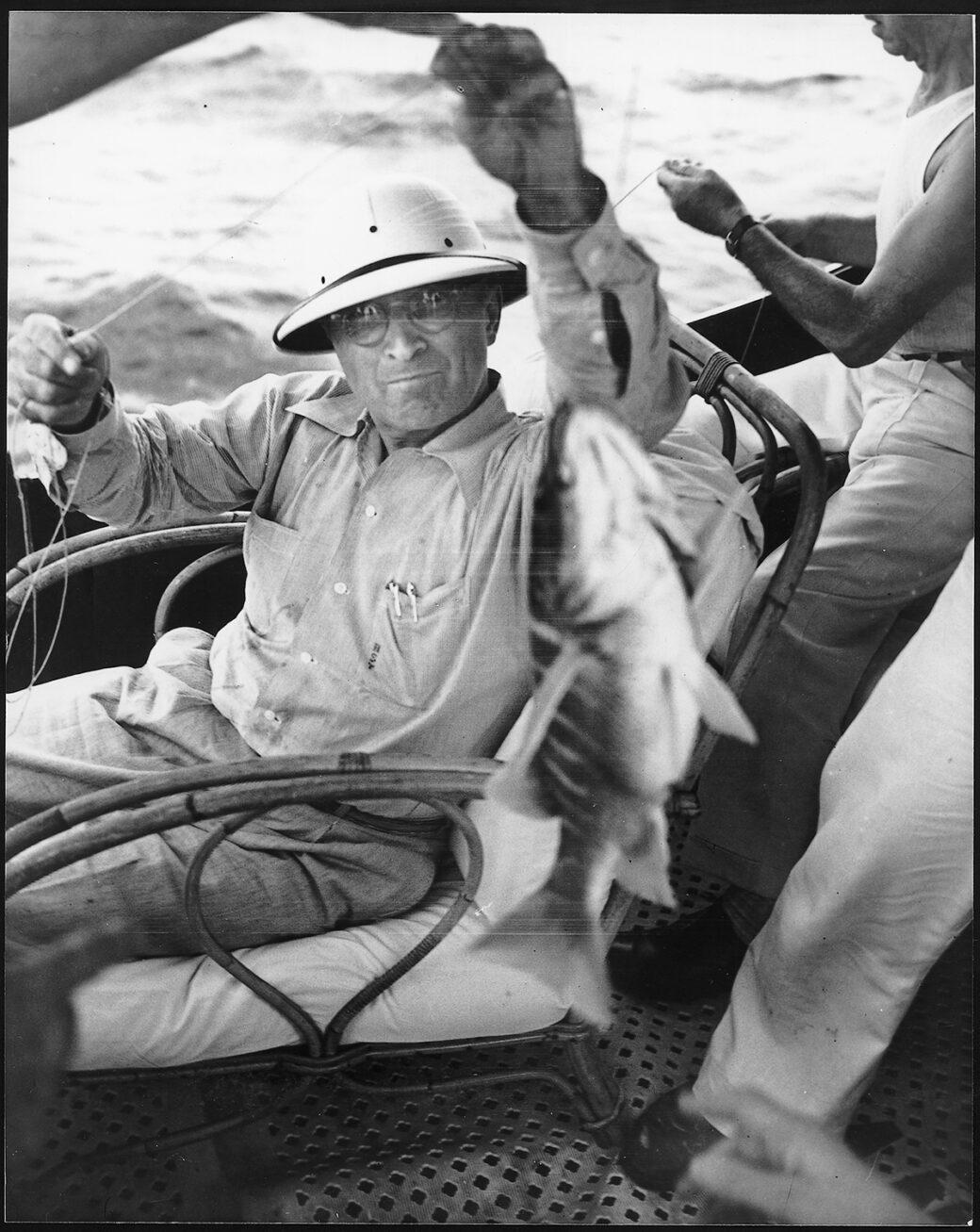President Harry Truman after hooking the biggest catch of the day during a fishing trip in Bermuda in August 1946. (Harry S. Truman Presidential Library and Museum/NARA)