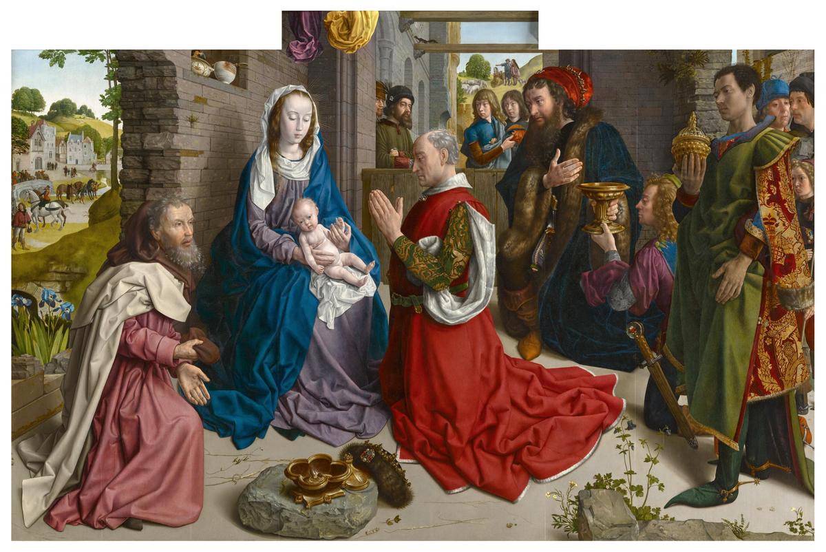 "The Adoration of the Magi" ("Monforte Altar"), 1470–1475, by Hugo van der Goes. Oil on oak panel; 58 inches by 95 inches. Gemäldegalerie, Berlin State Museums. (Public Domain)
