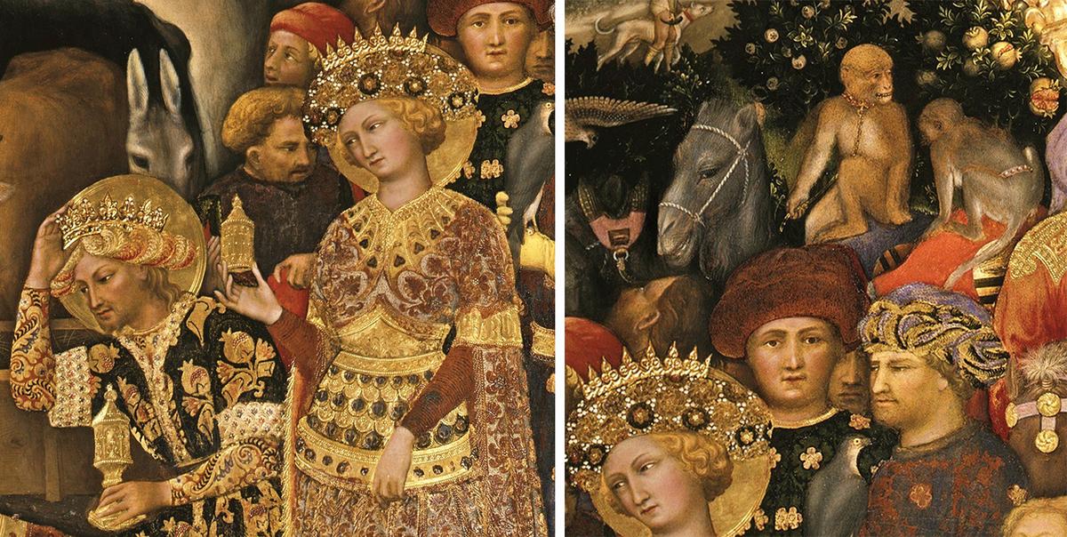 Details of the Magi (L) and Palla Strozzi and his son Lorenzo (R), as well as the monkeys, from "Adoration of the Magi," 1423, by Gentile da Fabriano. Tempera on panel. Uffizi Galleries, Florence, Italy. (Public Domain)