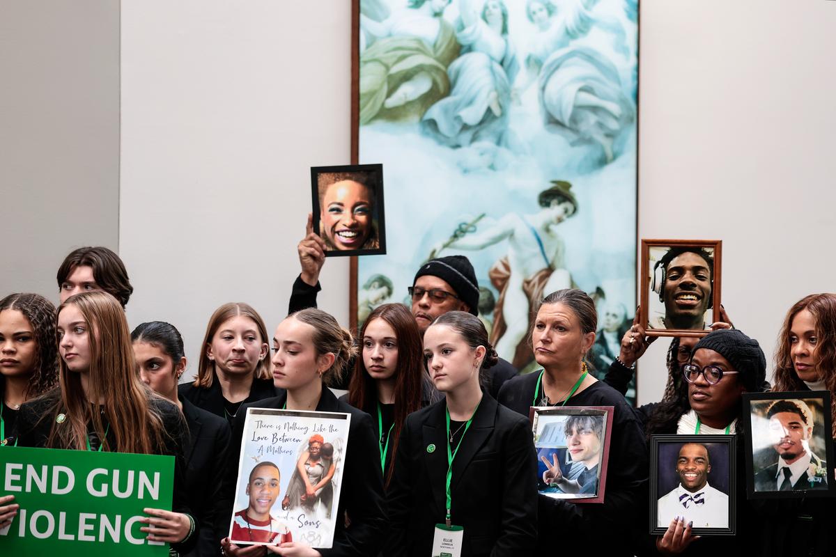 Victims of gun violence and their advocates during a news conference on the 13th anniversary of the Sandy Hook School shooting, in Washington on Dec. 11, 2025. (Heather Diehl/Getty Images)
