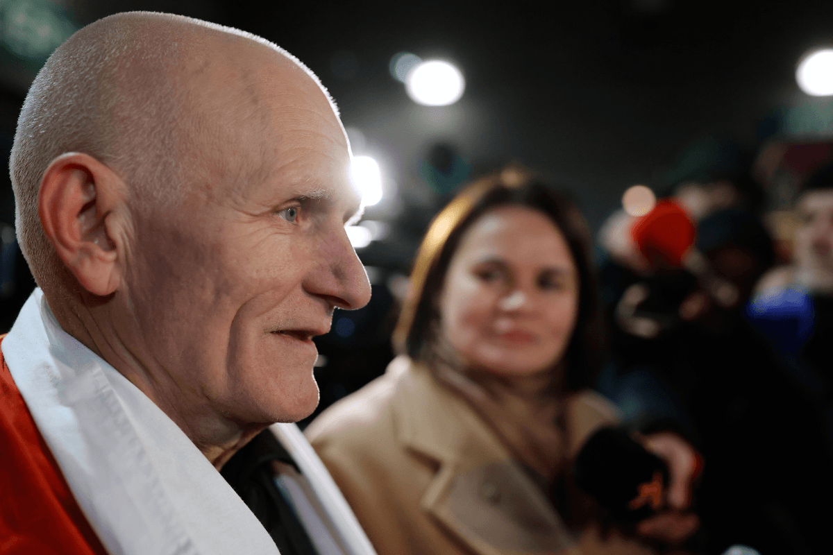 Nobel Peace Prize laureate Ales Bialiatski, one of the released Belarusian prisoners, arrives at the U.S. Embassy in Vilnius, Lithuania, on Dec. 13, 2025. (Mindaugas Kulbis/AP Photo)