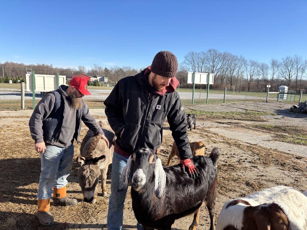 Some of the animals at Englewood, Ohio-based Advent Christmas Tree Farm are resident pets. Co-owners Kevin Mullenix (left) and Kyle Anderson visit with the animals on Dec. 8, 2025. (Jeff Louderback/The Epoch Times)