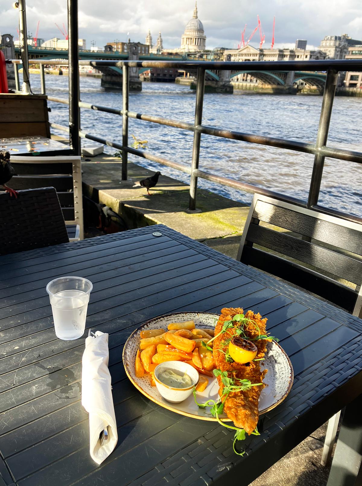 Fish and chips with a view of St. Paul’s, from The Anchor pub. (Eric Lucas)