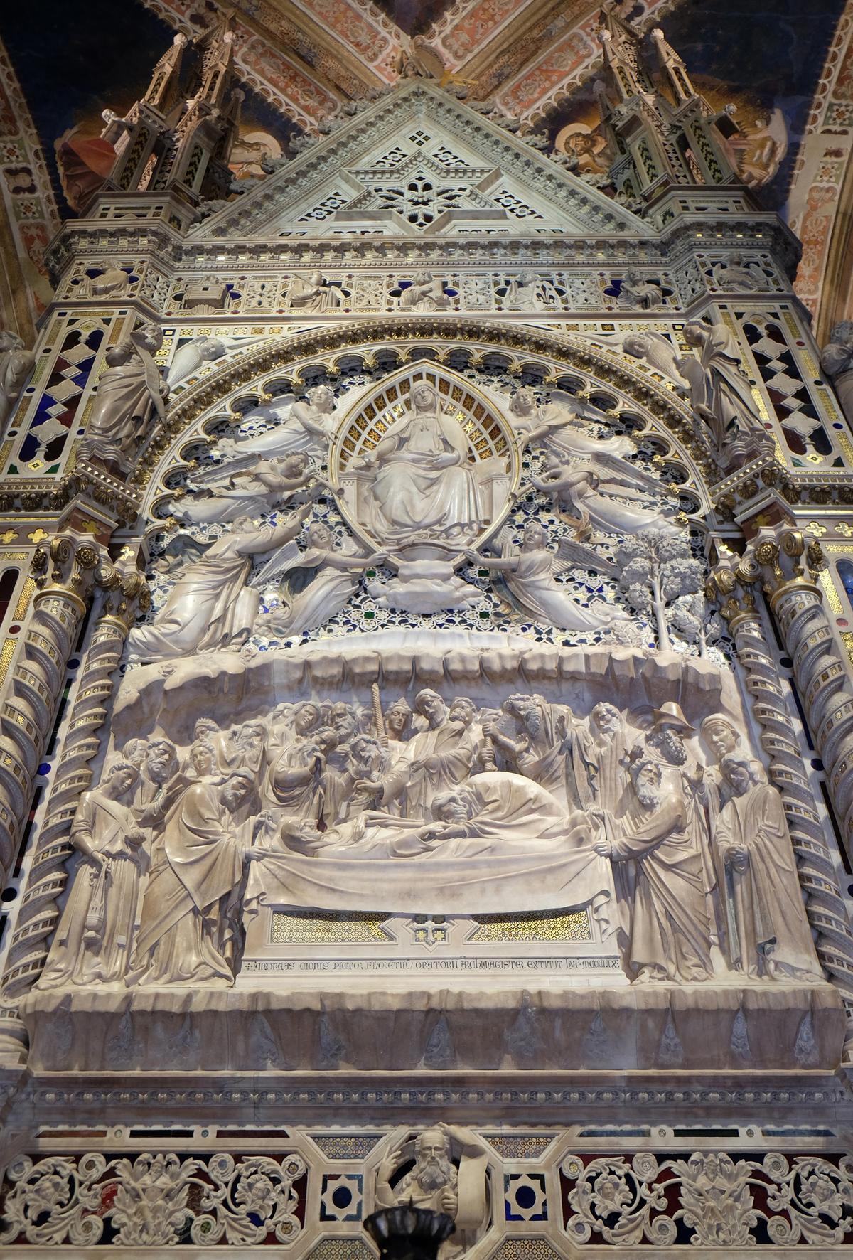 Although the front of the tabernacle was designed to display Bernardo Daddi’s “Madonna and Child,” exquisite scenes of the Virgin’s life were carved by Orcagna, a leading sculptor of Florence’s proto-Renaissance era. The tabernacle's two largest and most detailed scenes are the death of the Virgin (below) and her assumption into heaven (above). (Zvonimir Atletic/Shutterstock)
