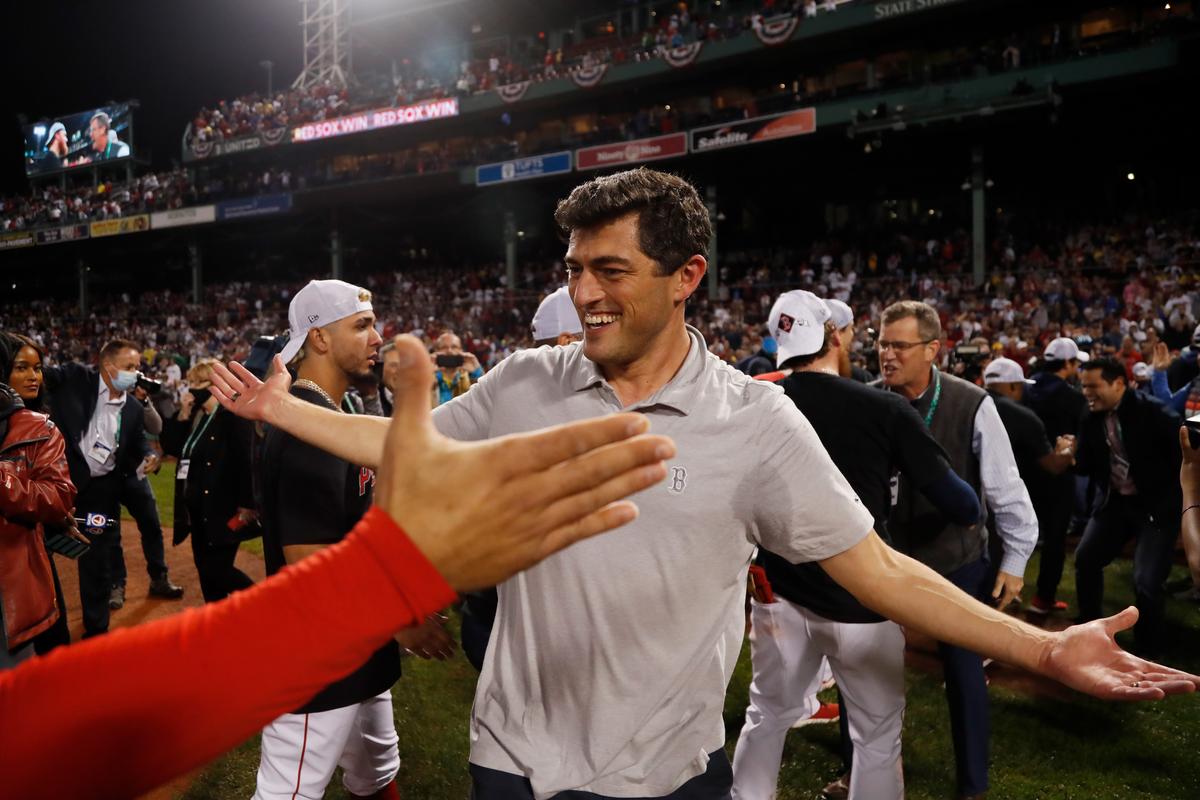 Chief Baseball Officer for the Boston Red Sox Chaim Bloom celebrates their 6 to 5 win over the Tampa Bay Rays during Game 4 of the American League Division Series at Fenway Park in Boston on Oct. 11, 2021. (Winslow Townson/Getty Images)