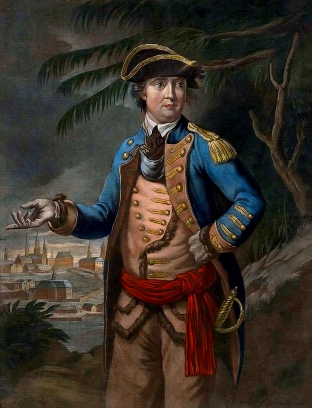 A color mezzotint of American Revolutionary War Gen. Benedict Arnold, 1776, by Thomas Hart. Brown University, Providence, R.I. (Public Domain)