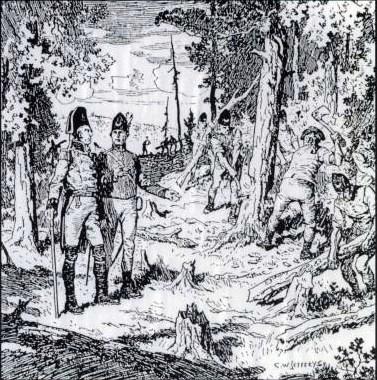 John Graves Simcoe and Augustus Jones supervise the Queen's Rangers of York cutting trees during the construction of Yonge Street in 1795. (Public Domain)