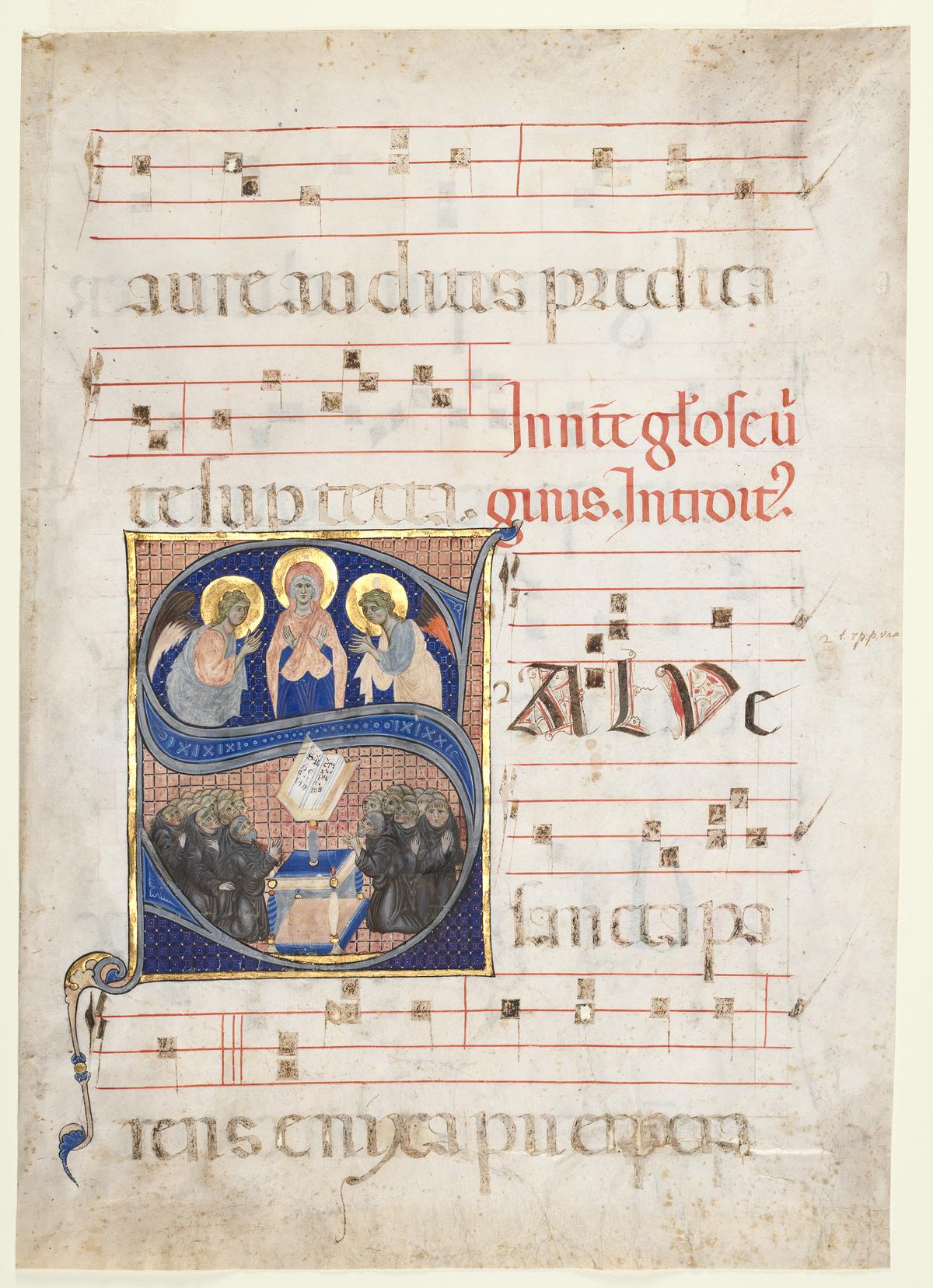Initial "S"(Salve Sancta Parens) with the Virgin adored by angels and singing Benedictine monks from a manuscript leaf of a Gradual, circa 1270, from Italy. Ink, tempera, and gold on parchment. Cleveland Museum of Art. (Public Domain)