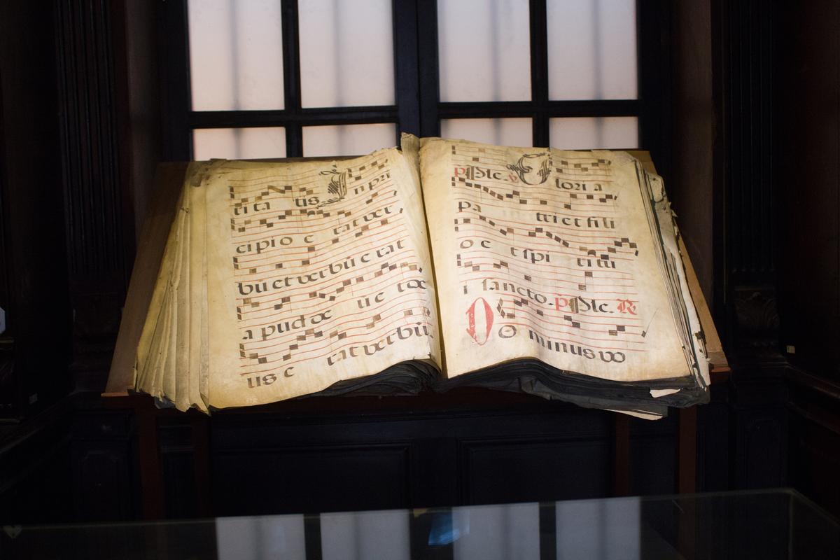 A Gregorian chant manuscript on display at Basilica and Convent of Santo Domingo in Lima, Peru. (Fotografo Viajante/Shutterstock)