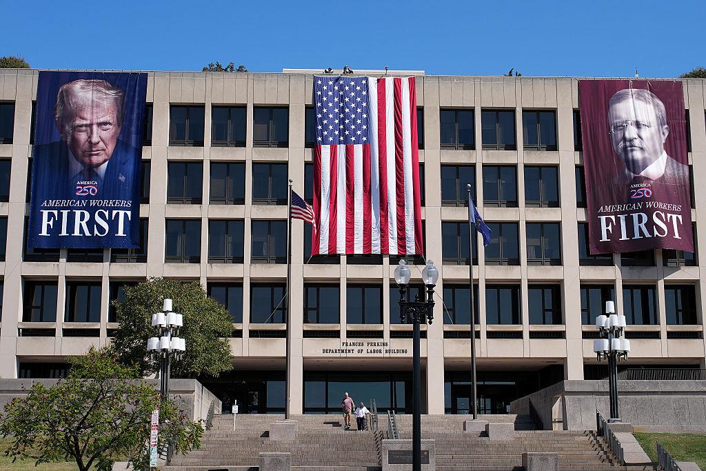Images of U.S. President Donald Trump and former President Theodore Roosevelt are displayed on the side of the U.S. Department of Labor building on Aug. 25, 2025, in Washington. (Kevin Dietsch/Getty Images)