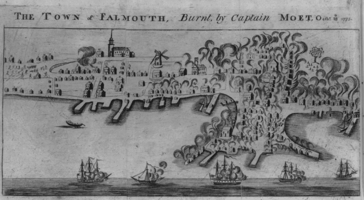 A 1782 engraving depicting the burning of Falmouth. Library of Congress. (Public Domain)