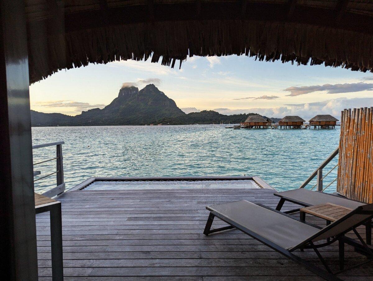 Sunrise views of the lagoon and Mount Otemanu await guests staying in the overwaters at Le Bora Bora resort in Tahiti. (Athena Lucero)