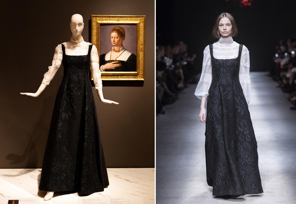 (L) Gallery view of "Renaissance to Runway: The Enduring Italian Houses" at the Cleveland Museum of Art. (Shelly Duncan/Cleveland Museum of Art) (R) Ensemble, Fall 2015 by Alberta Ferretti. Silk, wool, cotton, polyester, nylon jacquard, silk chiffon, nylon lace. (Copyright AlbertaFerretti)