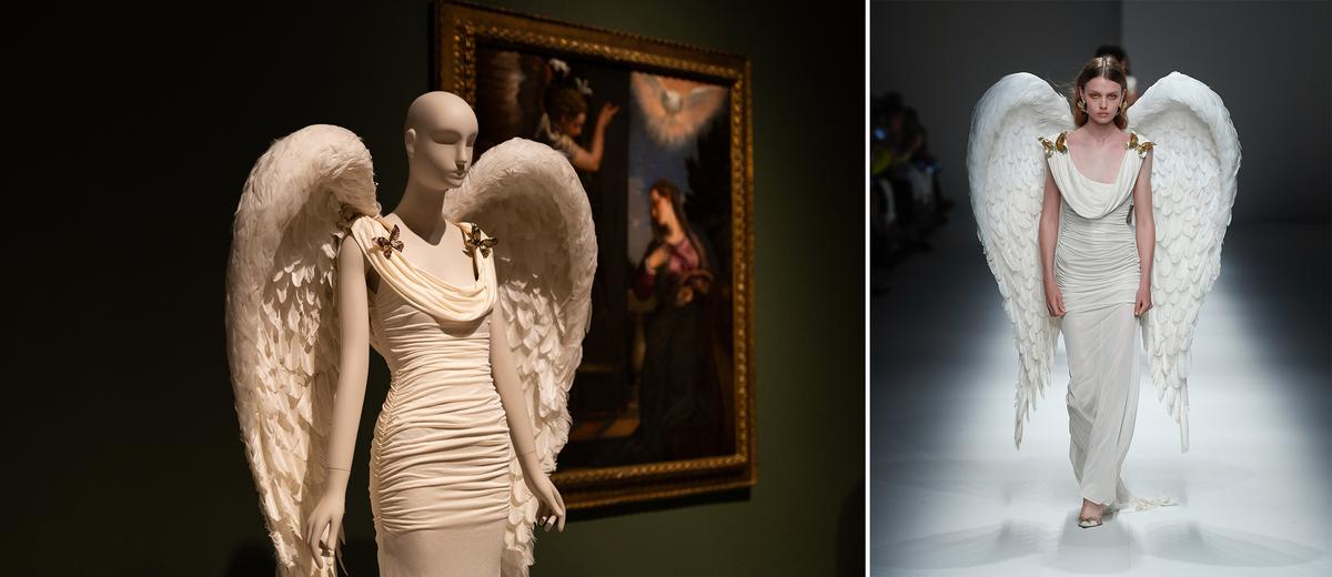 (L) Gallery view of "Renaissance to Runway: The Enduring Italian Houses" at the Cleveland Museum of Art. (Shelly Duncan/Cleveland Museum of Art) (R) Evening Dress and Wings, Spring 2024, by Nicola Brognana for Blumarine. Viscose, feathers, brass. (Giovanni Giannoni / WWD via GettyImages. Copyright Getty Images)