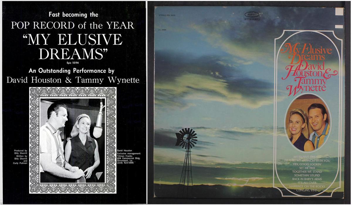 (L) Advertisement for the "My Elusive Dreams" single by David Houston and Tammy Wynette, 1967. (R) Cover of Houston and Wynette's album "My Elusive Dreams," featuring Don Chapel's song "Together We Stand (Divided We Fall)." (Epic Records)