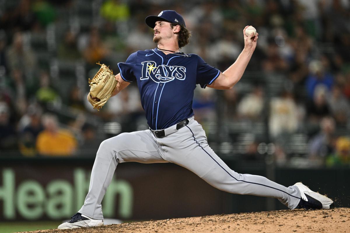 Mason Montgomery of the Tampa Bay Rays pitches against the Athletics in the eighth inning at Sutter Health Park in Sacramento, Calif., on Aug. 12, 2025. (Thien-An Truong/Getty Images)