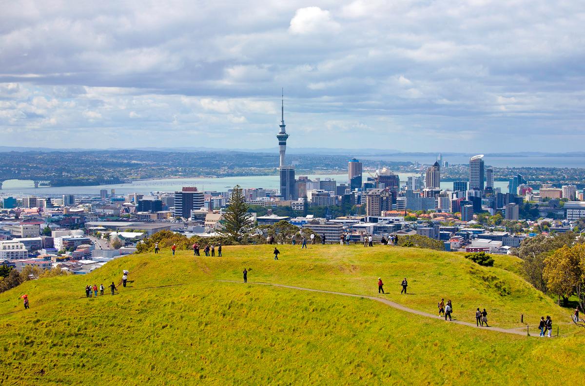 From the summit of Mount Eden, visitors can see Auckland's skyline, Waitemata Harbour, and Rangitoto Island. (Scott E Barbour/Getty Images)