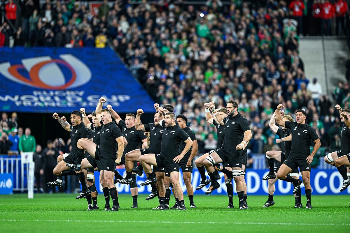 The New Zealand All Blacks perform a Haka before their Rugby World Cup quarterfinal match against Ireland on Oct. 14, 2023. (Victor Velter/Shutterstock)