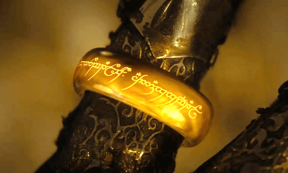 The One Ring of power on the Dark Lord Sauron's armored finger, in "The Lord of the Rings: The Fellowship of the Ring." (New Line Cinema)