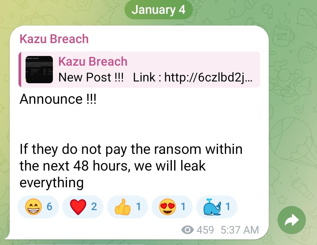 The most recent threat to release the confidential health data of hundreds of thousands of New Zealanders from the ransomware group Kazu's Telegram channel. (Screenshot/The Epoch Times.)