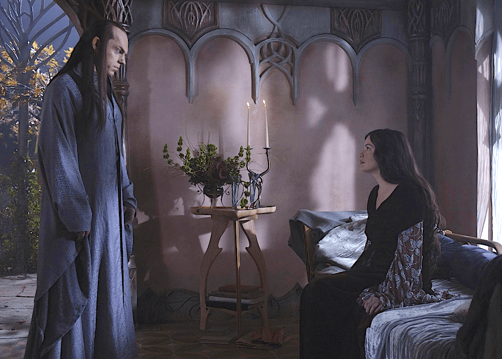Chief elf Elrond (Hugo Weaving) asks his daughter Arwen (Liv Tyler) to leave the man she loves and join her people, in "The Lord of the Rings: The Two Towers." (New Line Cinema)