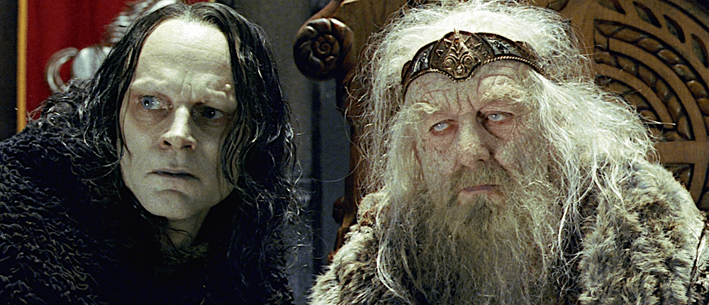 Grima Wormtongue (Brad Dourif, L), chief advisor to Theoden, Lord of Rohan (Bernard Hill). Theoden is possessed by the wizard Saruman, in "The Lord of the Rings: The Two Towers." (New Line Cinema)