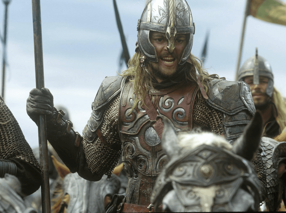 Eomer, nephew of Théoden (Karl Urban), interrogates a man, an elf, and a dwarf illegally crossing his lands, in "The Lord of the Rings: The Two Towers." (New Line Cinema)