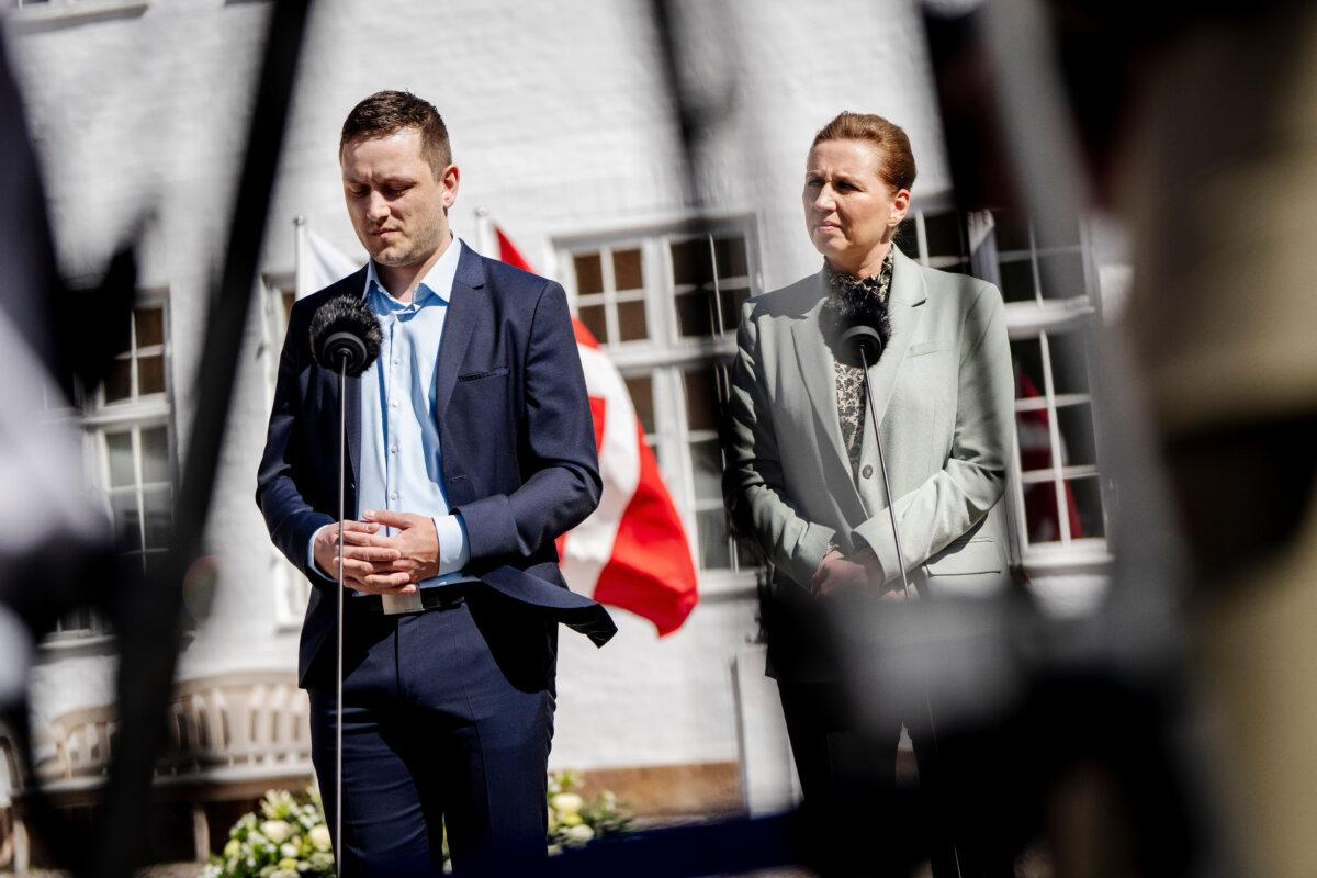 Danish Prime Minister Mette Frederiksen (L) and Greenlandic Prime Minister Jens-Frederik Nielsen speak in Marienborg, Denmark, on April 27, 2025. (Mads Claus Rasmussen/Ritzau Scanpix via AP)