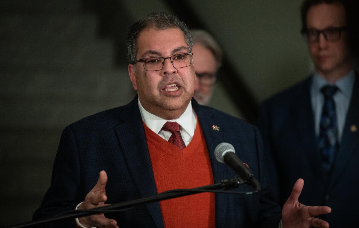 Leader of the Alberta NDP Naheed Nenshi speaks to media in Edmonton on Feb. 27, 2025. (The Canadian Press/Jason Franson)