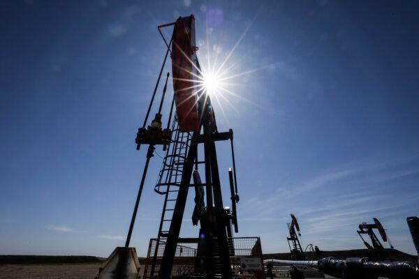 A pumpjack draws out oil and gas from a well head near Calgary on May 6, 2025. (The Canadian Press/Jeff McIntosh)